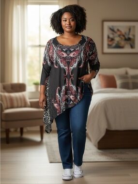 White Mark Black Paisley Asymmetric Tunic  Blouse with Red Accents